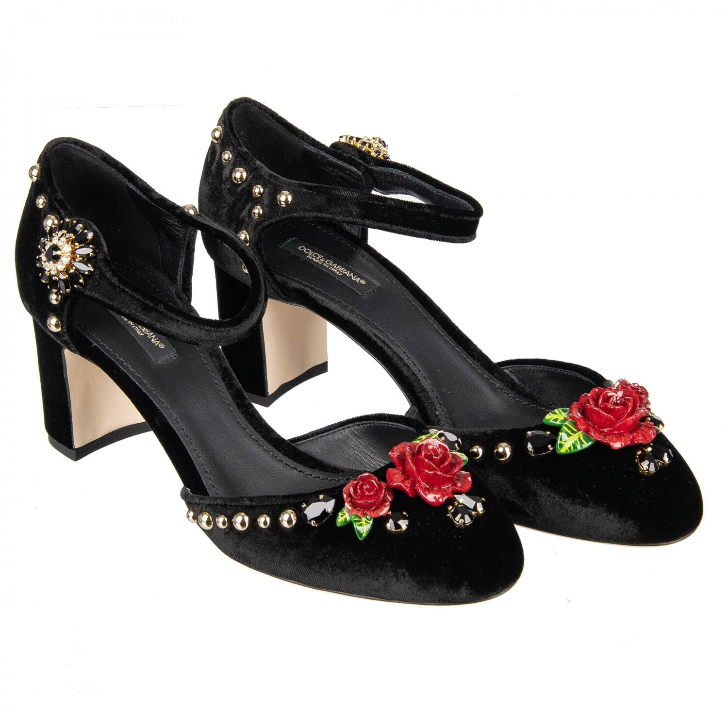 DOLCE & GABBANA Crystal Brooch Rose Velvet Mary Jane Pumps VALLY Black 09643