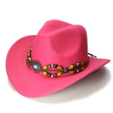 Pink Cowboy Cowgirl Hat Wide Brim, Brown Bead Strap, Retro Western Look