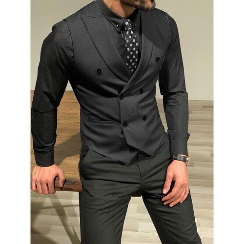 Men's Vest Black White Collar Double-breasted Gilet Waistcoats Jacket Casual - Picture 2 of 32