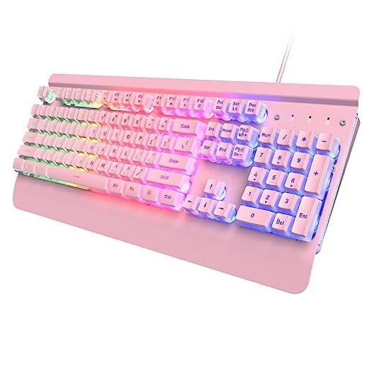 Pink mechanical keyboard with 104-key metal panel rainbow LED backlit and silent switches
