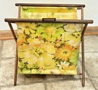 Vtg 70s Foldable Sewing Yarn Knit Crochet Basket Caddy Tote Bag Wood Frame Mcm