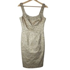 Maggy London Sheath Dress 4 Gold Beaded Jacquard Scoop Neck Sleeveless Back Zip