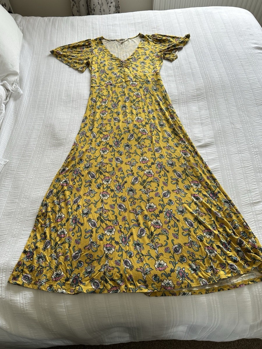 Boden Golden Yellow Pink Green Floral Jersey Maxi Dress Size 12 Flutter Sleeve Boden Golden Yellow Pink Green Floral Jersey Maxi Dress Size 12 Flutter Sleeve