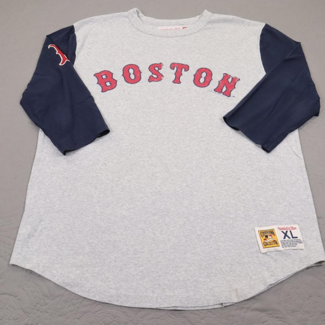 Boston Red Sox Shirt Mens XL Gray MLB Baseball Mitchell & Ness 3/4 Sleeve Raglan
