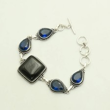 Bracciale Onice Nera Tanzanite Gemma Etnico Fatto a Mano Gioielli 24 Gms AB 44638
