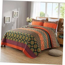 Boho Stripe Quilt Sets Floral Printed Reversible Soft Queen N-orange Red
