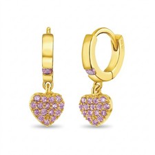 Pave Puffed Heart Girls Hoop/Huggie Earrings - Gold Plated Sterling Silver