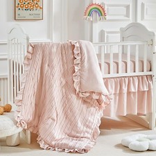 3 Pieces Tufted Stripes Crib Bedding Set with Ruffle Fringe, Pink Ruffled