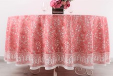 Ridhi Round Tablecloth Hand Block Print Cotton Reusable Sweet Pink 132 Inch T...