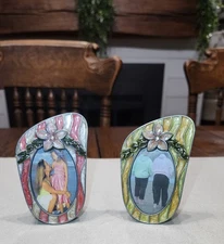 Vtg Pair Mini Photo Picture Frame Flip Flop Shoes Pewter Enamel 2x3" Easel Back 