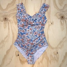 Floral Ruched One Piece Swimsuit Blue Pink White Sweetheart Neckline Medium