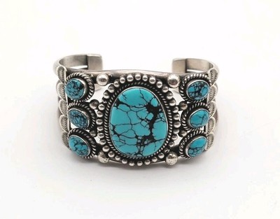 Vtg Navajo David K Lister Sterling Silver Webbed Turquoise Cuff Bracelet Sz 7