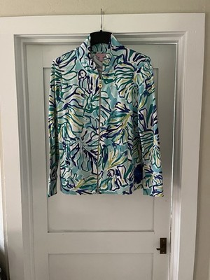 Lilly Pulitzer Reagan UPF 50+ Zip Up Pool Blue  Stay Cool  Pattern Sz Medium
