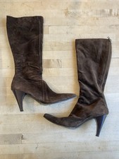 PRADA Ladies Brown Suede Knee-high Zippered Boots 3  Heel With Buckle Size 40