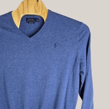 Polo Ralph Lauren Mens XL Blue Pima Cotton V-Neck Sweater Long Sleeve Pony Logo