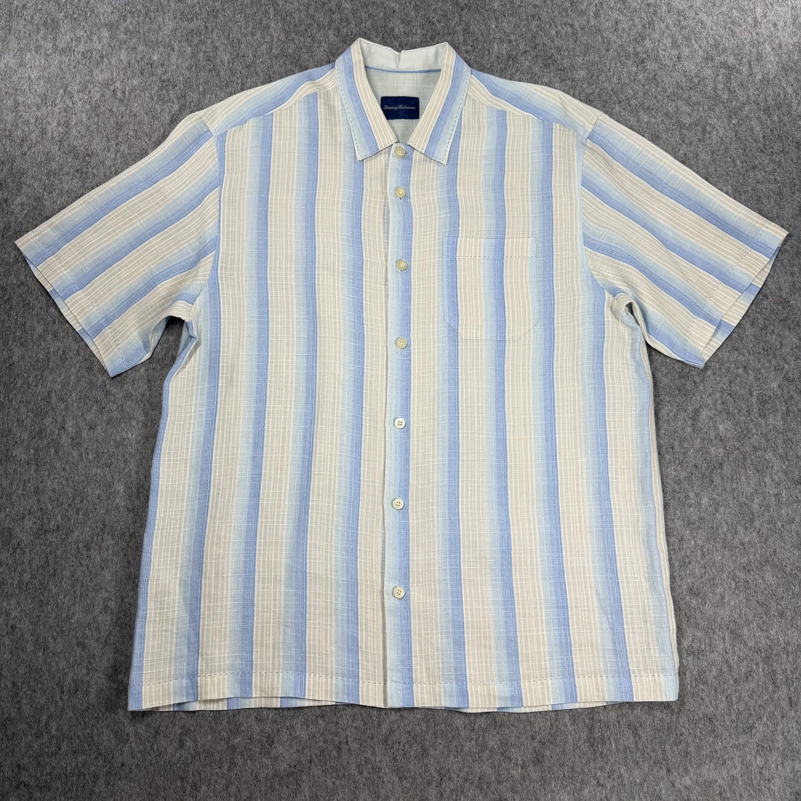 Tommy Bahama Shirt Mens Large Blue Beige Stripe Linen Short Sleeve Casual Summer