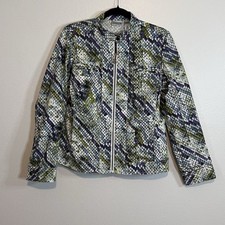 Chicos Jacket Size 1 Med 8 Zip Up Snakeskin Print Stretch Purple Green Shimmer