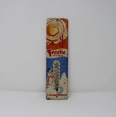 Vintage Frostie Root Beer Metal Thermometer Snowman Tin Sign RARE 11 1/2 X 3 1/4