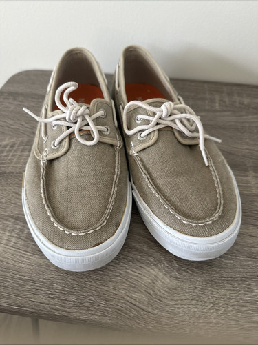 Nautica Boat Shoes Men’s 9 Moc Toe Casual Flats Beige Fabric Lace Up Low Tops