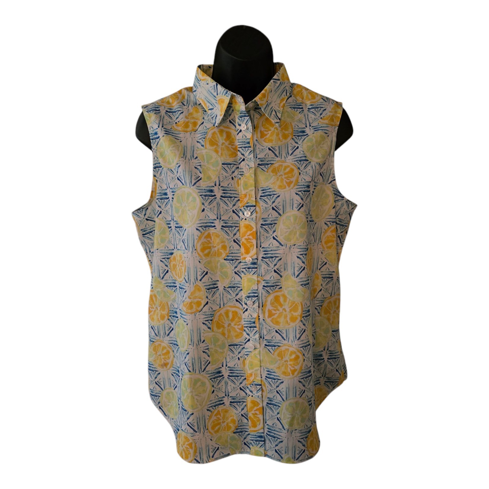 Womens Lands End No Iron Supima Lemon Slewvless Collar Button Up Shirt
