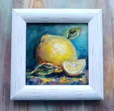 Original Oil Painting Art Miniature Framed Signed Art Lemon Still Life 4x4 in