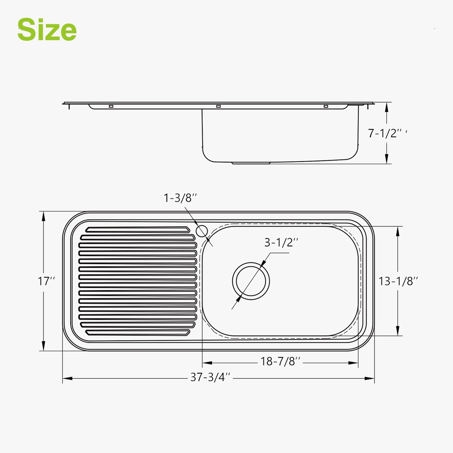 Naiture 38" Drop-In Stainless Steel Kitchen Sink, Single Bowl with Drainboard