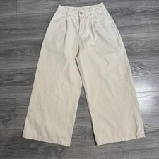 Wide-Leg Boho Women Cream Casual Pleated High Rise Pants Size M Front Pockets
