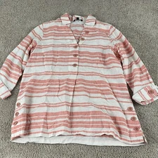John Mark Top Medium Popover 100% Linen Statement Artsy Striped Coral T367