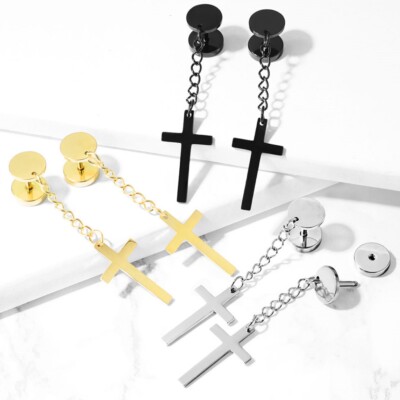 CHAINED CROSS DANGLE FAKE PLUGS CHEATER EARRINGS PAIR (0G Look)