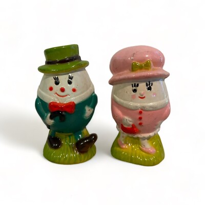 Vtg Mr & Mrs Humpty Dumpty Salt Pepper Shakers Plastic Anthropomorhic Eggs Food