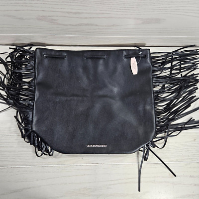 Victoria Secret Backpack Black Drawstring Bucket Bag Fringe Purse NEW NWT