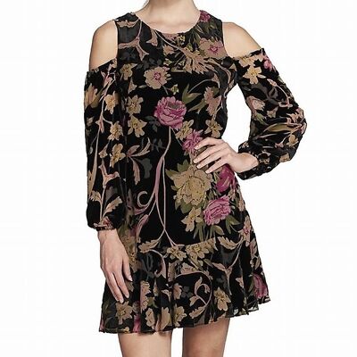 Eliza J Black Velvet Floral Burnout Mini Shift Dress Formal Cocktail Ruffle Hem