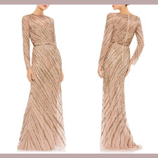 NEW $598 Mac Duggal Beaded Long Sleeve Column Gown in Mocha [SZ 6 ] #G930