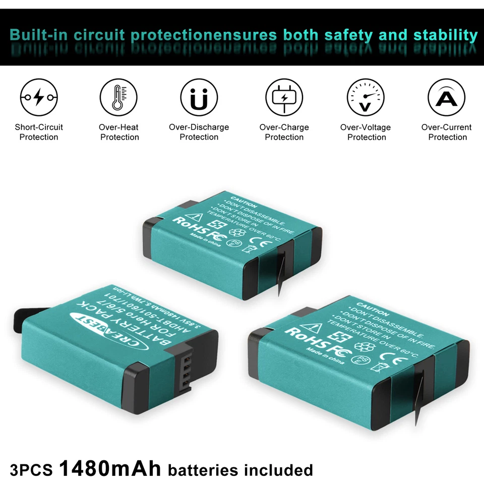 3× 1480mAh Akku AHDBT-501 601 701+ 3-Slot Ladegerät Für GoPro Hero 8 7 6 5 Black - Bild 2 von 4