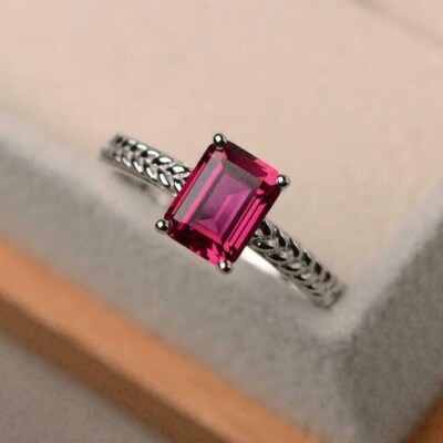 2Ct Emerald Lab Created Pink Ruby Women's Engagement Ring 14K White Gold Plated