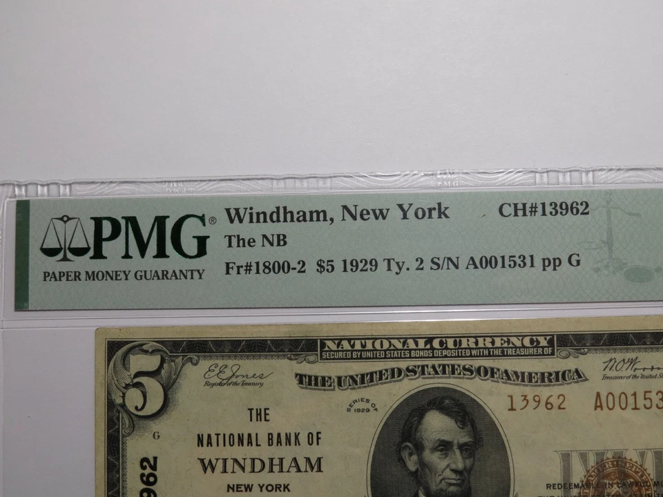 $5 1929 Windham New York NY National Currency Bank Note Bill Ch. #13962 AU55 PMG - Image 2 of 4