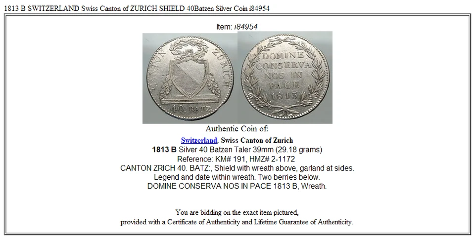1813 B SWITZERLAND Swiss Canton of ZURICH SHIELD 40Batzen Silver Coin i84954 - Image 3 of 3