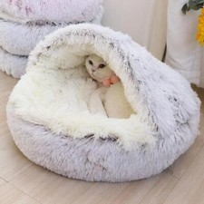 Cat Bed Cave Round Fluffy Hooded Pupy Bed Donut Self Warming Pet Dog Bed