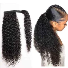 Culy Ponytail Human Hair Extensions Wrap Around Remy Hair Natural #1B For Women