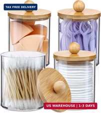 4 Pack Qtip Holder Dispenser with Bamboo Lids - 10 oz Clear Plastic Apothecary J