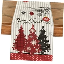  Xmas Trees Snowflakes Stripes Merry 13" x 72", Table Runner Red / Black