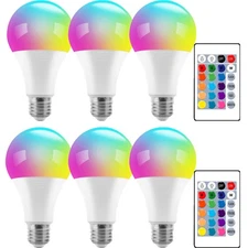 6 Pack A19 LED RGB Light Bulbs 5W Dimmable E26 Socket 400LM Remote Control