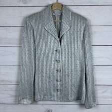 St. John Couture Metallic Silver Rhinestones Knit Blazer Women  s Size 12 Flaws