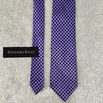 Stefano Ricci Italy Mens 100% Silk Geometric Purple Striped Satin Neck Tie 63 in