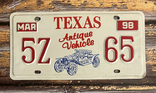 1998 Texas ANTIQUE VEHICLE Embossed License Plate 5Z 65