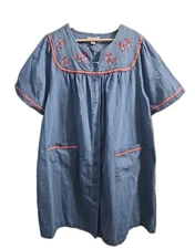 GO SOFTLY 1X Denim Butterfly Patio House Dress 100% Cotton Snap Closure Lounge