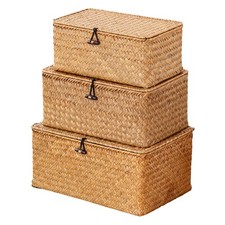 Nonam Handwoven Natural Seagrass Bin with Lid, Set of 3, Shelf Baskets Multip...