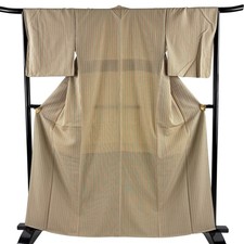 Silk Kimono Fine Pattern Striped Beige M 163.5cm Sleeve 66cm Used