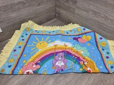 Vintage Care Bears Quilt Baby Crib Blanket Lace Ruffle Trim Rainbows Stars 44x36