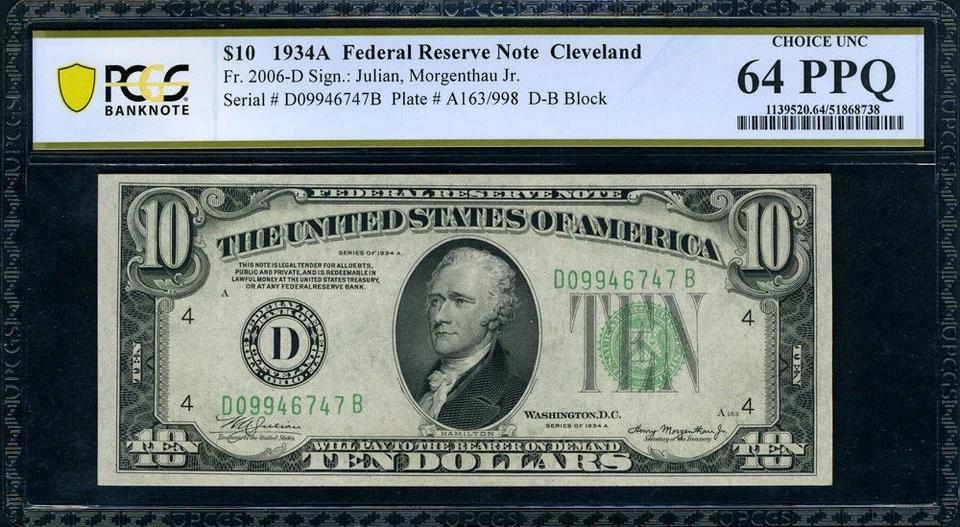 FR. 2006 D $10 1934-A Federal Reserve Cleveland D-B Block PCGS Choice CU64 PPQ - Image 2 of 3